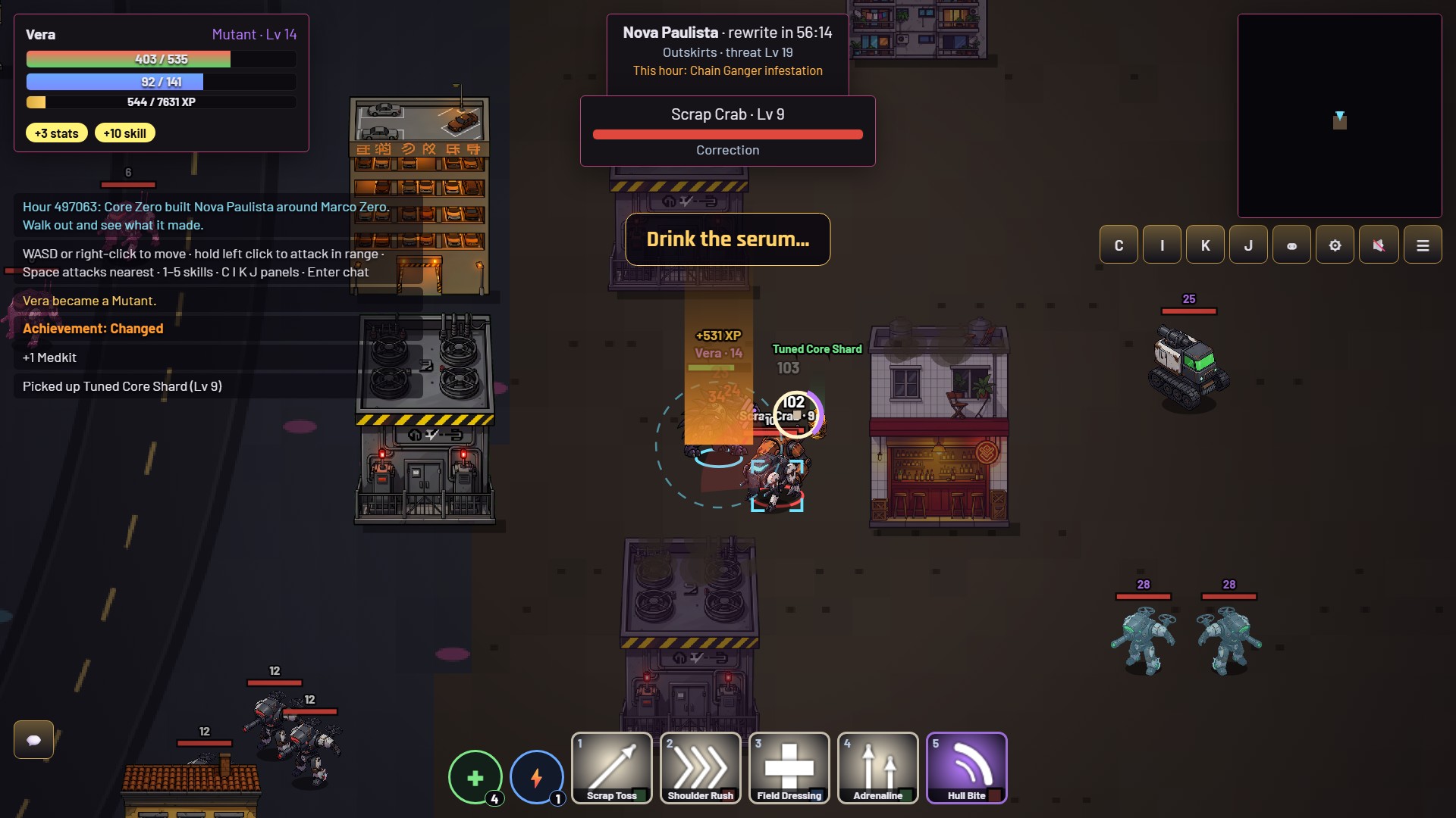 A level 14 Mutant with legendary claws fighting Scrap Crabs beside a bar in the outskirts; damage numbers pop and five skills sit on the bar.