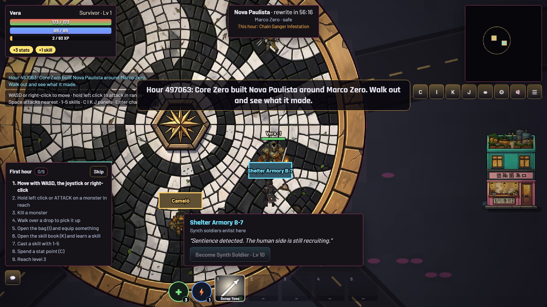 A level 1 Survivor on the Largo do Trilho mosaic plaza, with the hour clock, the first-hour guide and the Shelter Armory NPC bubble.