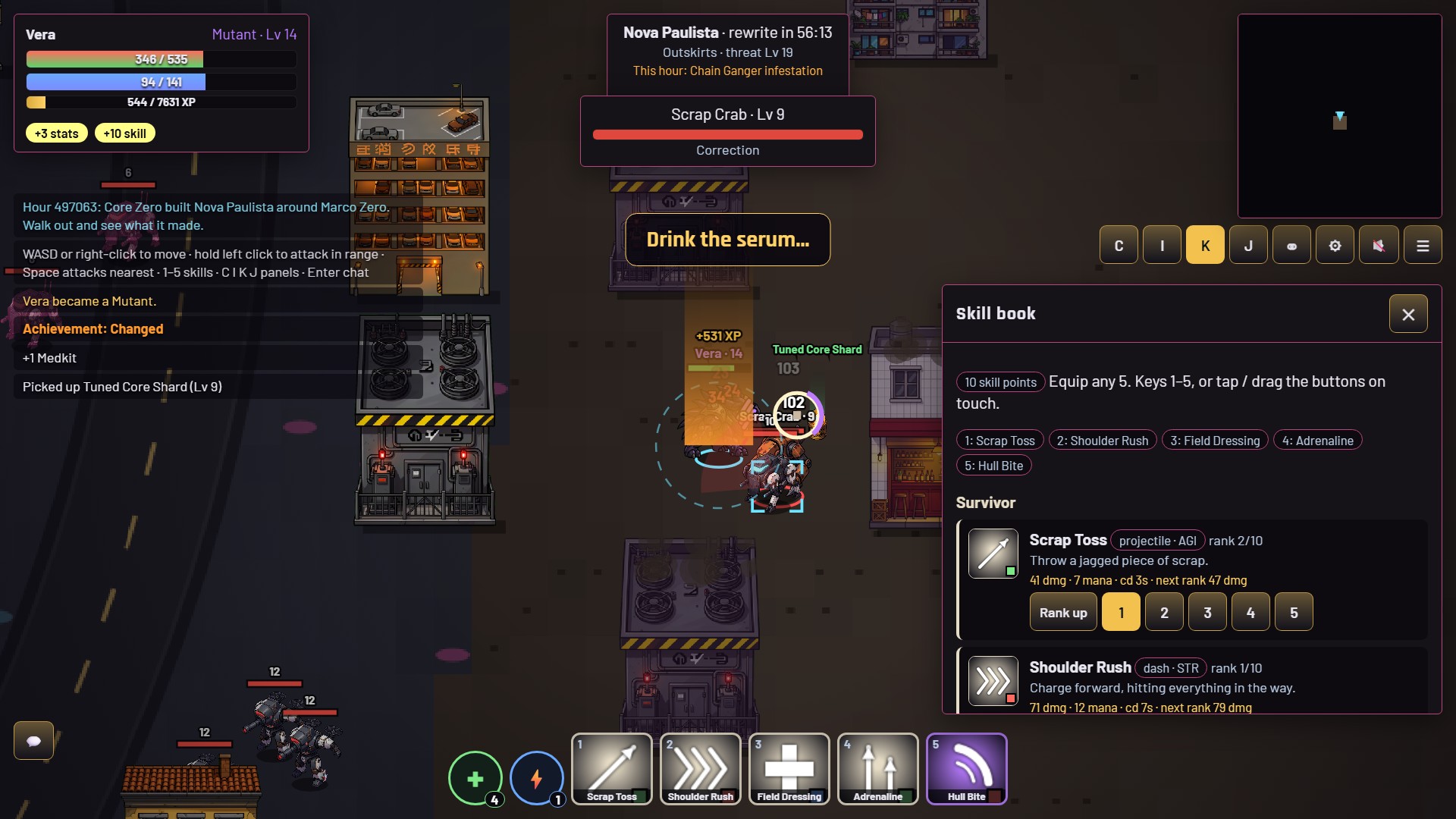 The skill book panel open over the game, listing Scrap Toss and Shoulder Rush with rank-up buttons and the five equipped slots.