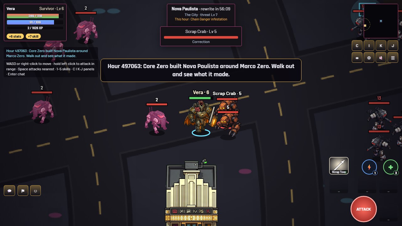The phone layout in landscape: joystick side clear, an ATTACK button and skill buttons on the right, the minimap in the corner.